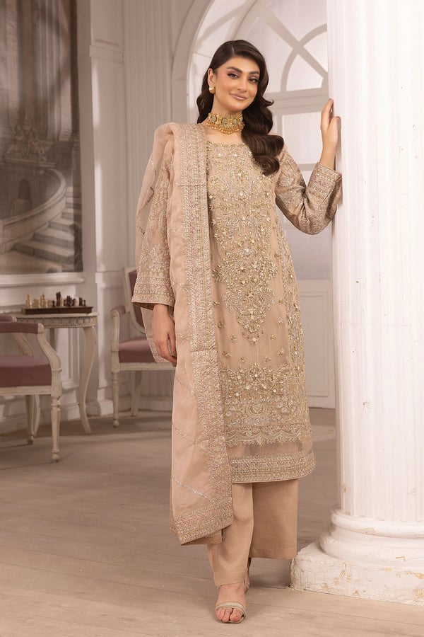 Astel zoon luxe collection 3 piece embroidered suit - Beige, X - Large