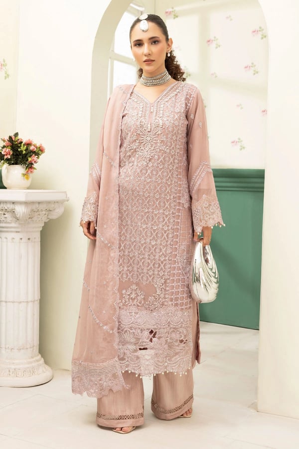 Shiffonz Baroque collection 3 piece embroidered suit - DPINK, X - Large