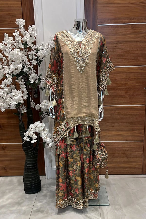 Premium 2 piece kaftan style top with gharara set - Beige, FREE SIZE