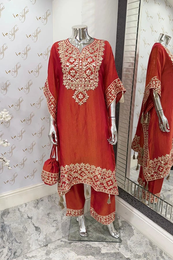 Parwan premium luxe embroidered kaftan collection - Red, FS