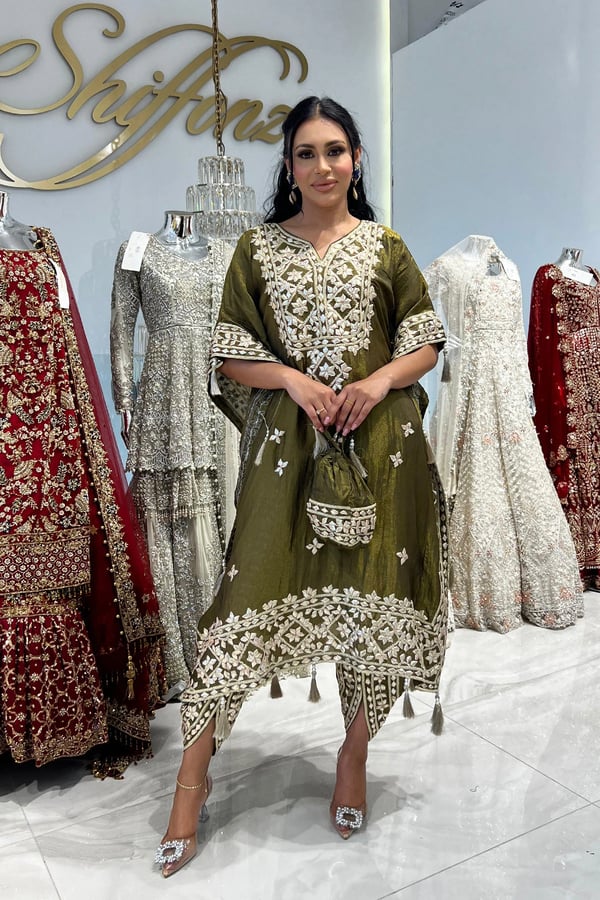 Parwan premium luxe kaftan with tulip collection - MEHNDI, FS