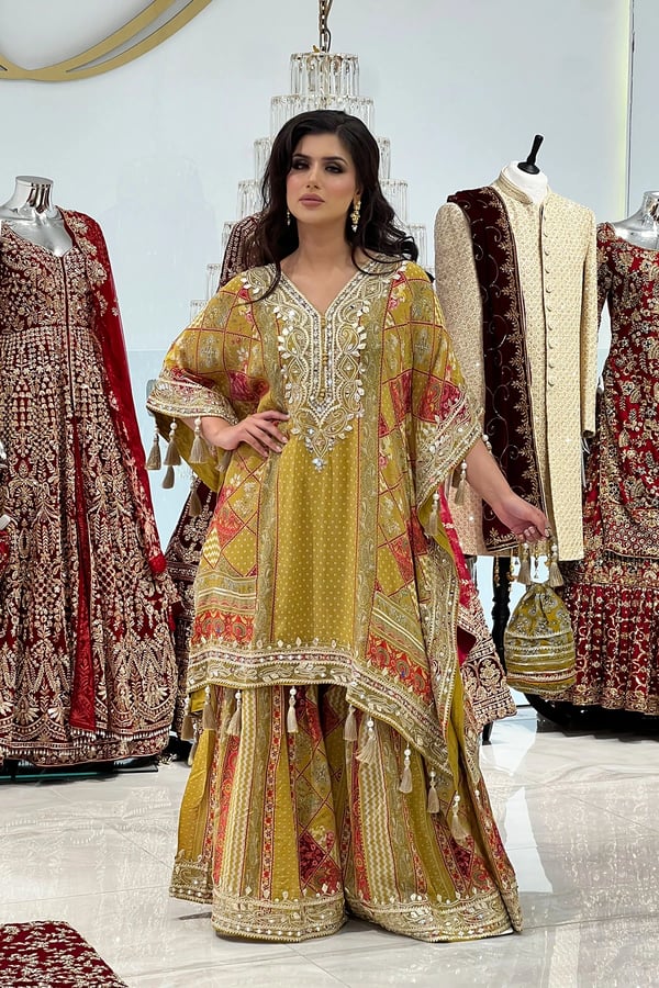 Shiffonz 2 piece printed kaftan with gharara - MUSTAR, FS