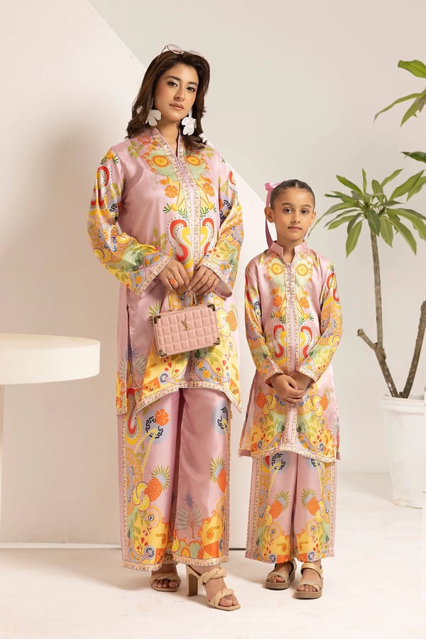 Shiffonz mother and daughter kids silk lux printed 2 piece co-ord set