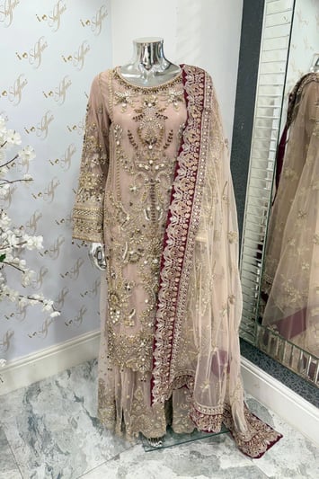 Imrozia 3 piece luxury embroidered sharara suit - DTPINK, Large