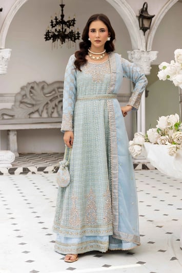 Elisa collection 3 piece luxe chiffon embroidered gown - SBLUE, Large