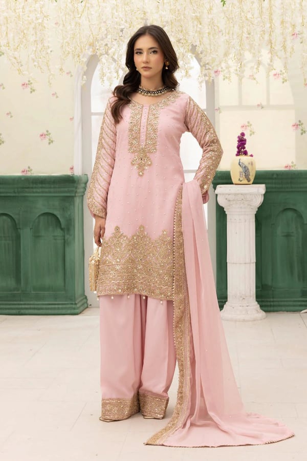 Elisa collection 3 piece farshi shalwar embroidered suit - LPINK, X - Large