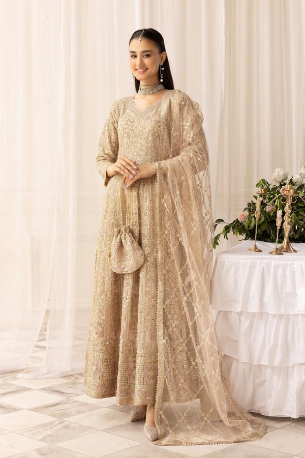 Elisa luxe collection 3 piece embroidered gown - Beige, Large