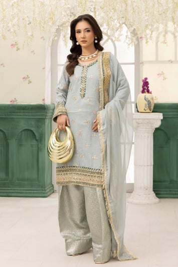 Nihan luxe collection 3 piece chiffon farshi shalwar suit - SGREEN, X - Large