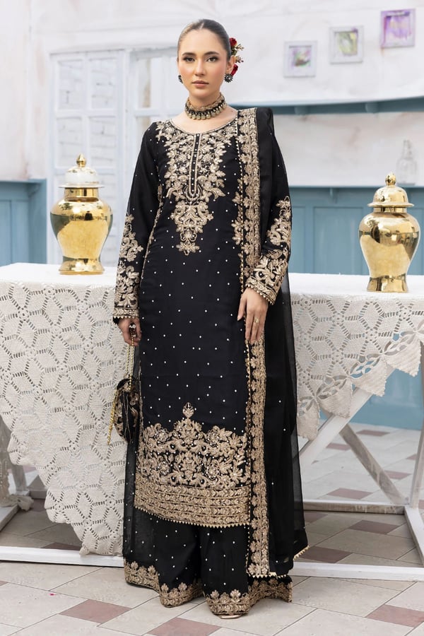 Elisa luxe collection 3 piece chiffon sharara suit - Black, X - Large