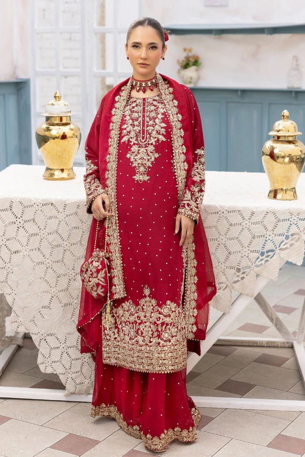 Elisa luxe collection 3 piece chiffon sharara suit - Maroon, X - Large