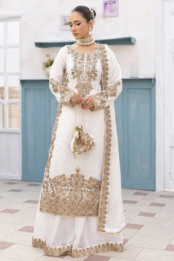 Elisa luxe collection 3 piece chiffon sharara suit - White, X - Large