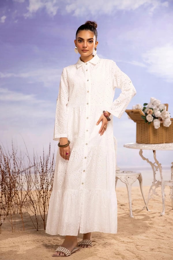 Shiffonz chikankari summer hues dress - White, Large