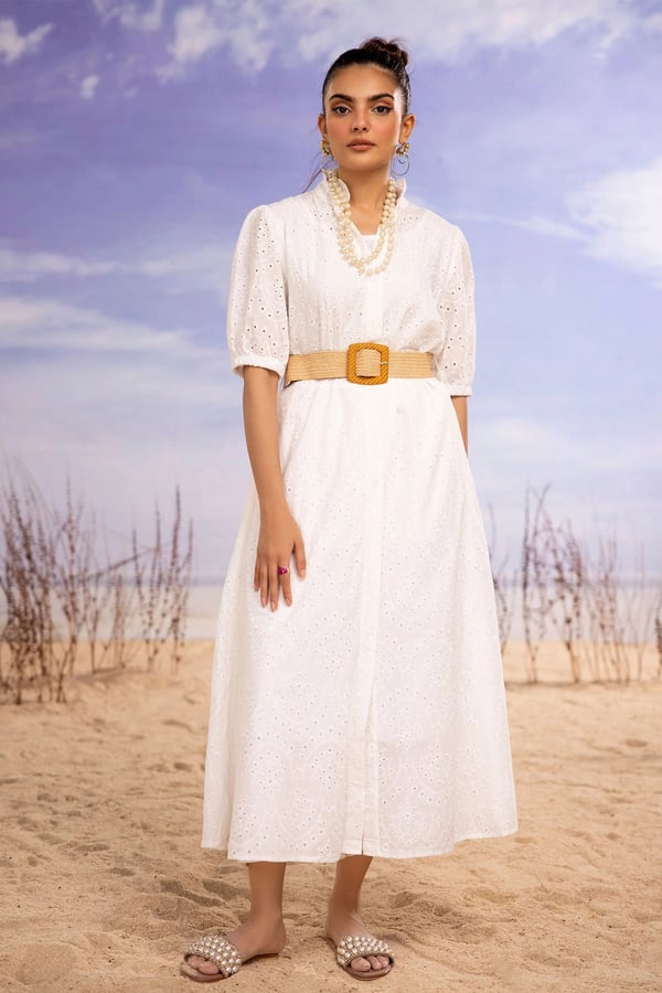 Shiffonz chikan kari summer hues embroidered dress - White, Large
