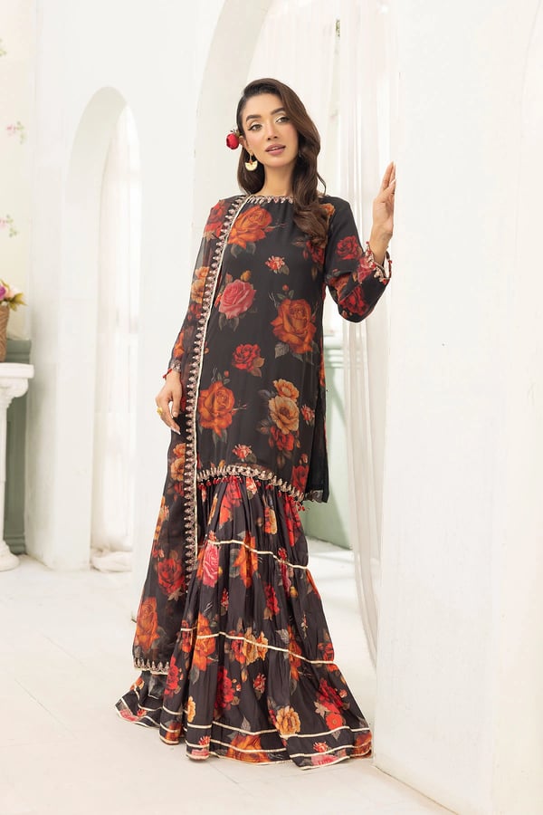 Yurfa luxe collection 3 piece gharara suit - Black, Large