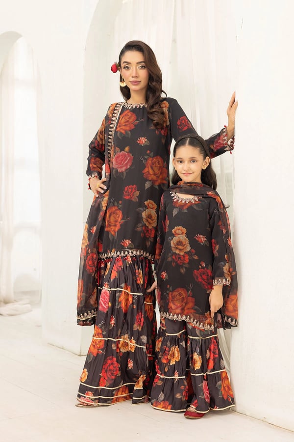 Yurfa Baroque luxe collection kids 3 piece gharara suit - Black, 36