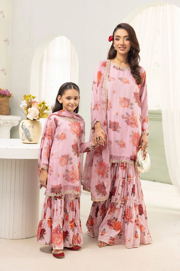 Yurfa Baroque luxe collection kids 3 piece gharara suit - Pink, 36