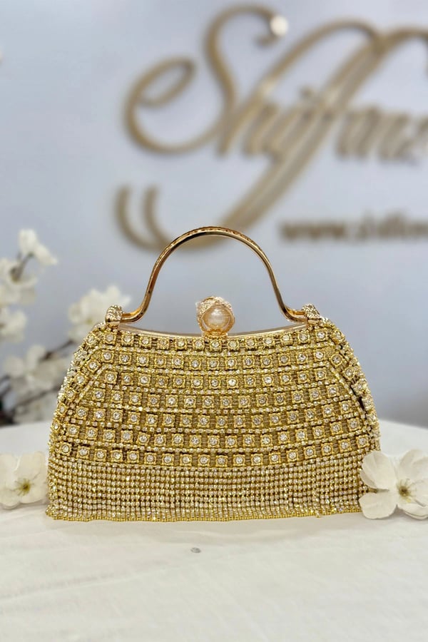 Glided glimmer clutch bag