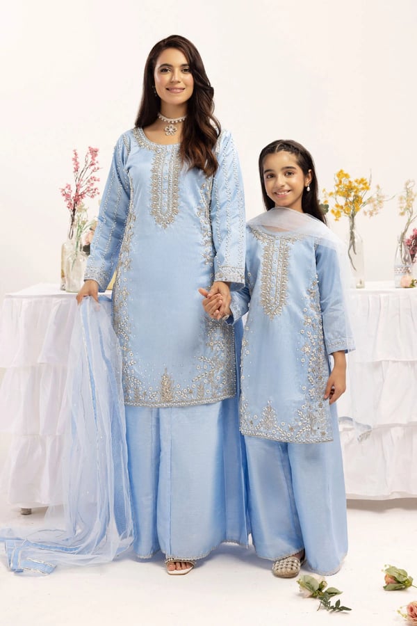 Niham luxe collection 3 piece kids mother and daughter suit - SBLUE, 36