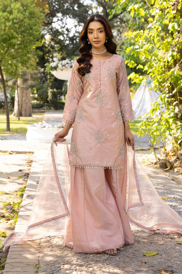 3 Piece mother and daughter plazo embroidered suit - DTPINK, Large