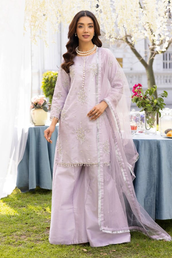 3 Piece mother and daughter plazo embroidered suit - Lilac, Large