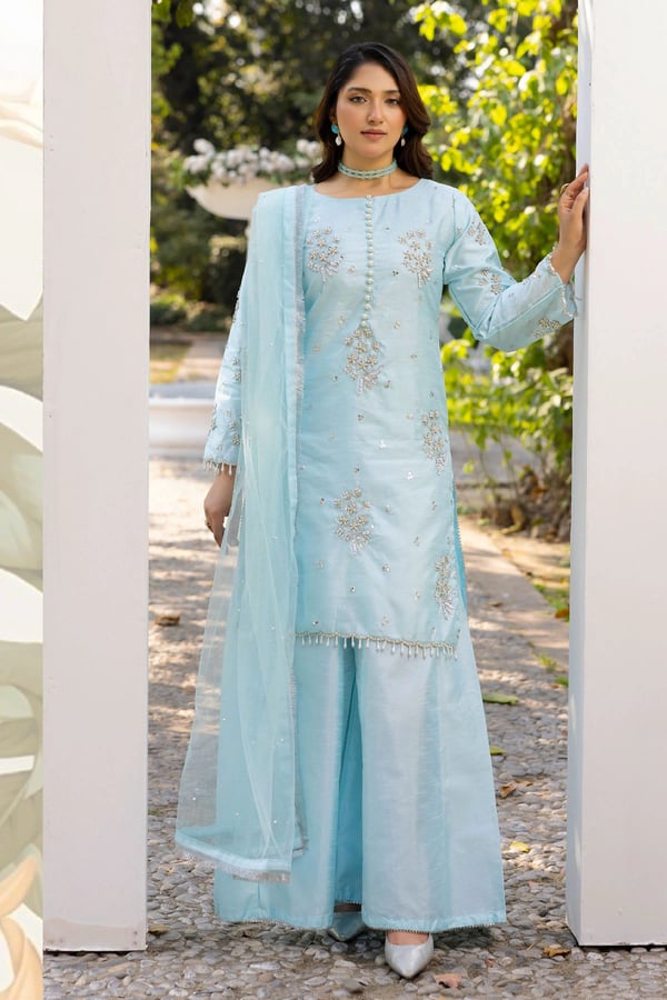 3 Piece mother and daughter plazo embroidered suit - SBLUE, Large