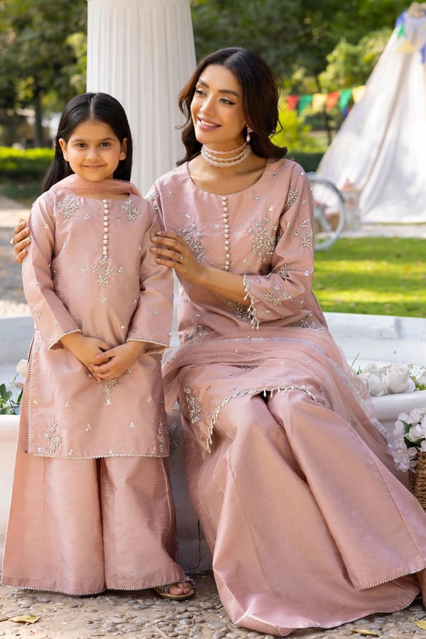 3 Piece kids mother and daughter plazo embroidered suit - DTPINK, 36