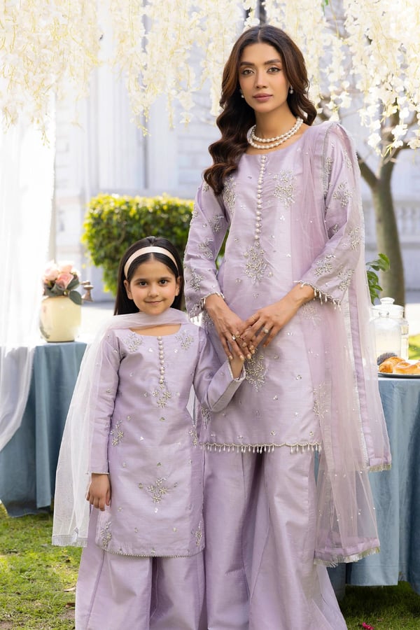 3 Piece kids mother and daughter plazo embroidered suit - Lilac, 36