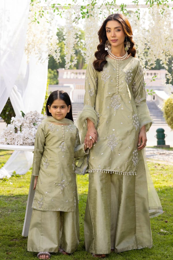 3 Piece kids mother and daughter plazo embroidered suit - Mint, 36