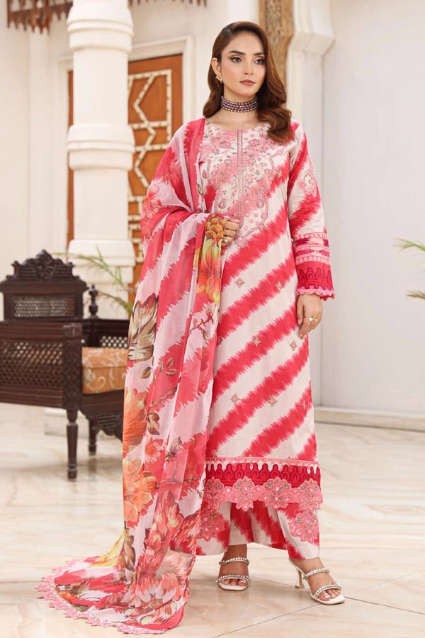 Aghaze Noor casual collection 3 piece embroidered suit - Pink, Large