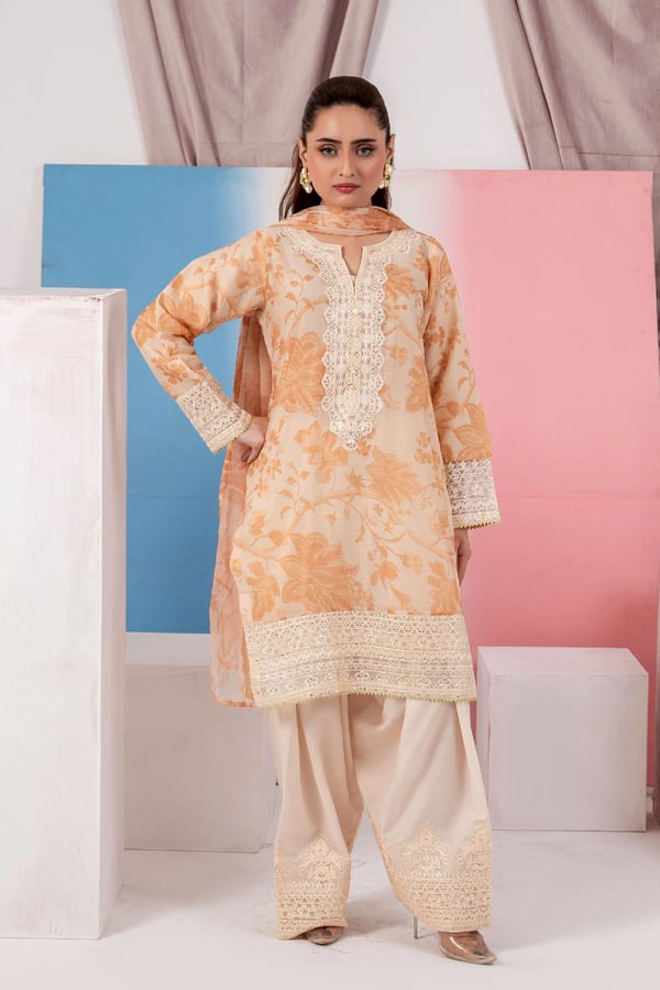 Vasal luxe collection 3 piece embroidered farshi shalwar suit - Beige, Large