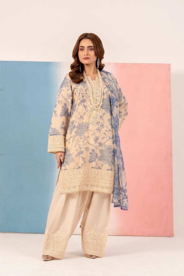 Vasal luxe collection 3 piece embroidered farshi shalwar suit - Blue, Large