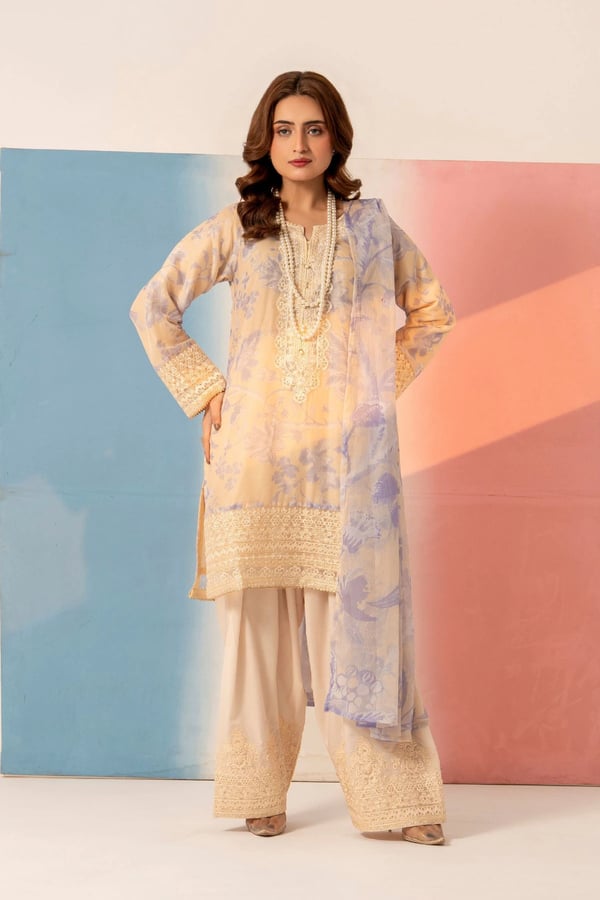 Vasal luxe collection 3 piece embroidered farshi shalwar suit - Lilac, Large