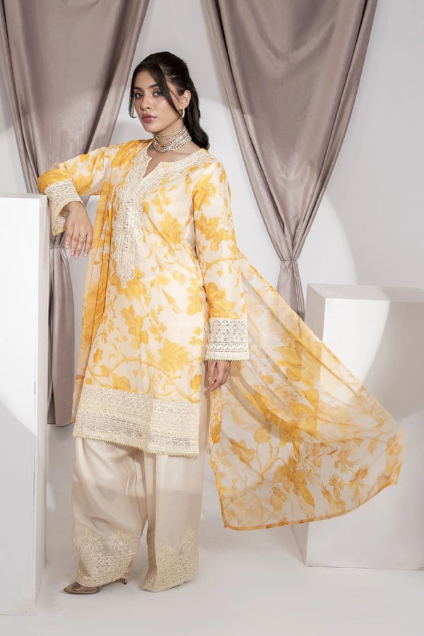 Vasal luxe collection 3 piece embroidered farshi shalwar suit - Yellow, Large