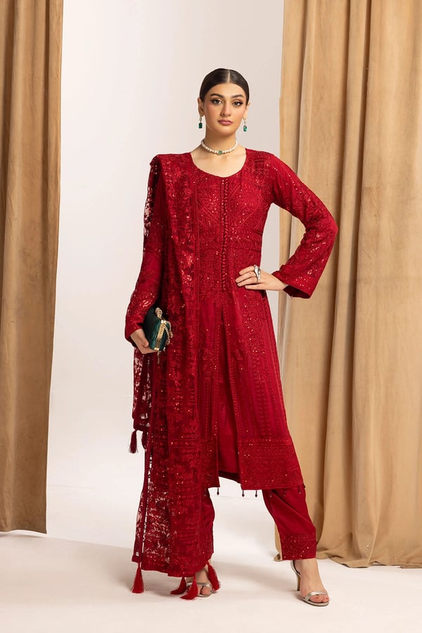 Sahoon luxe collection 3 piece embroidered suit - Red, Large