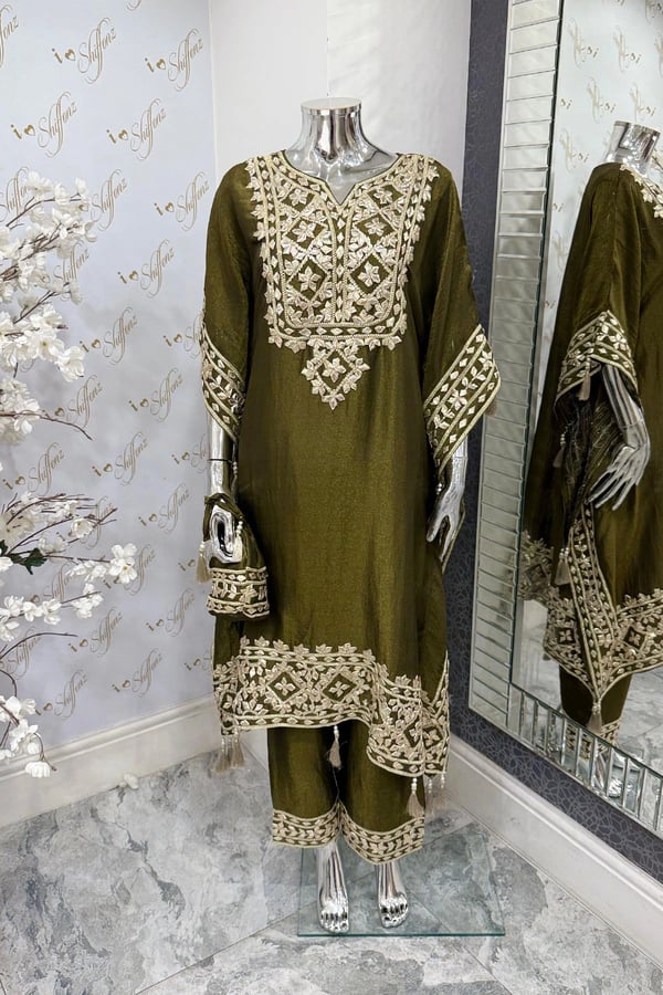 Parwan premium luxe embroidered kaftan collection - MEHNDI, FS