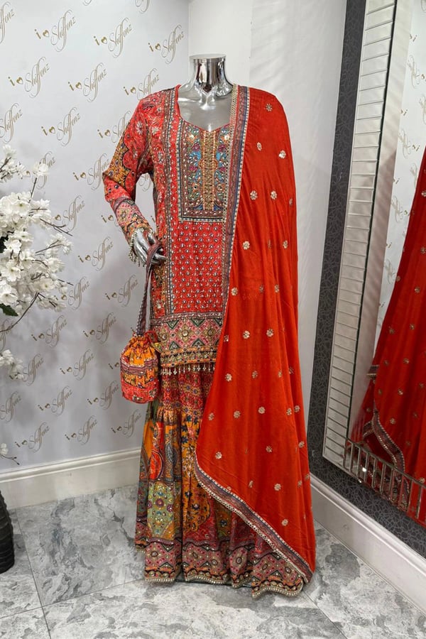 Riwaayat premium collection 3 piece gharara suit - Orange, 34