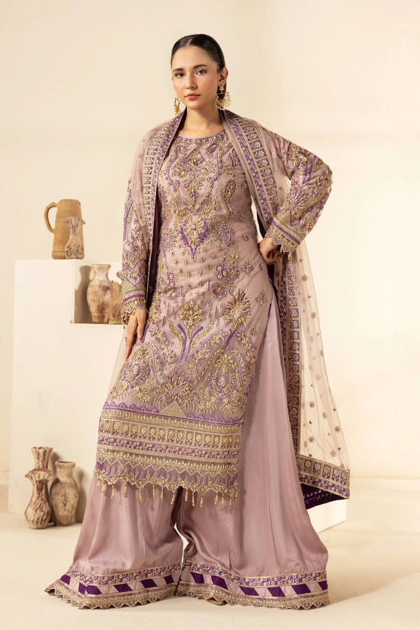 Ivana luxe collection 3 piece embroidered sharara dress - Lilac, Large