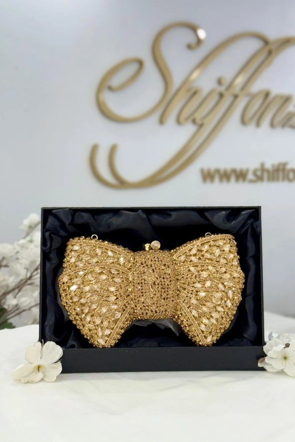 Love it embroidered bow clutch bag - Gold, FS
