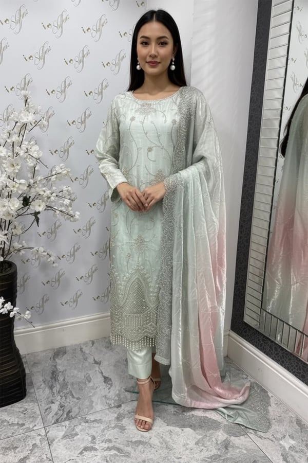 Maya luxe collection embroidered 3 piece suit - Mint, X - Large