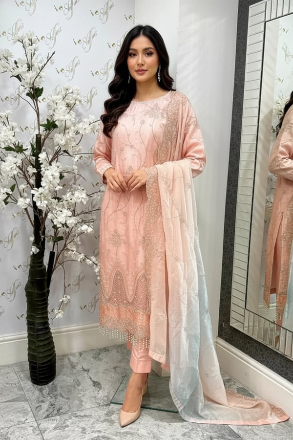 Maya luxe collection embroidered 3 piece suit - Peach, X - Large