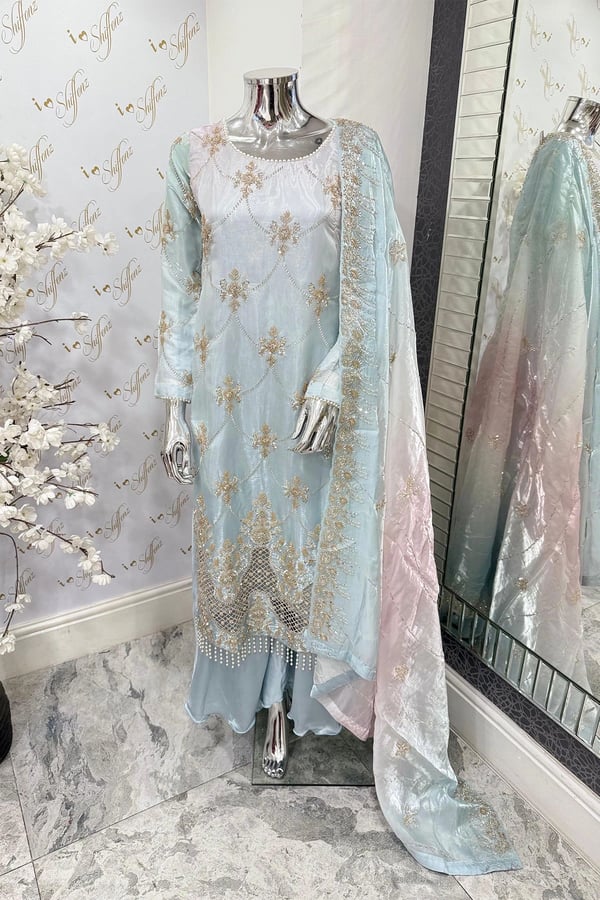 Maya luxe collection embroidered suit with plazo - Blue, Large
