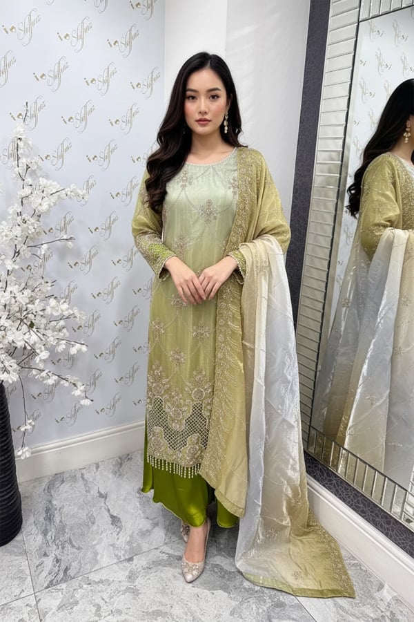 Maya luxe collection embroidered suit with plazo - MEHNDI, X - Large