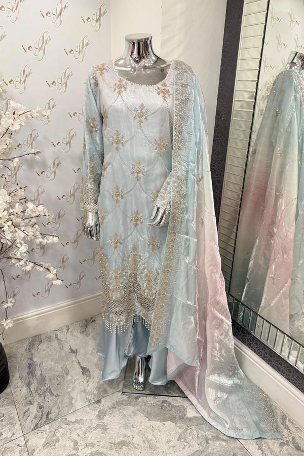 Maya luxe collection embroidered suit with plazo - SBLUE, Large