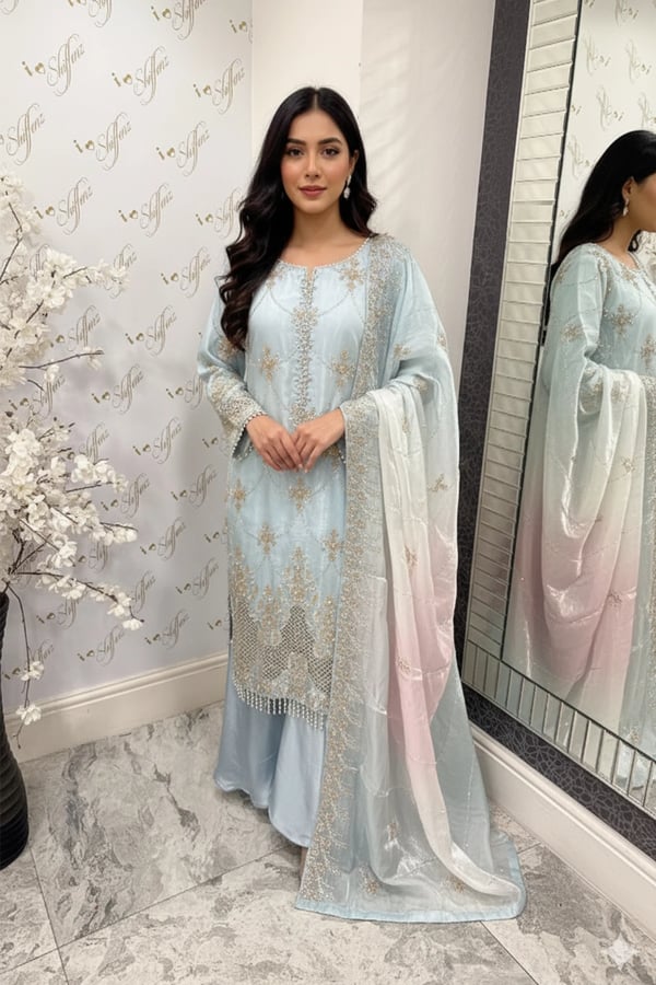 Maya luxe collection embroidered suit with plazo - SBLUE, X - Large