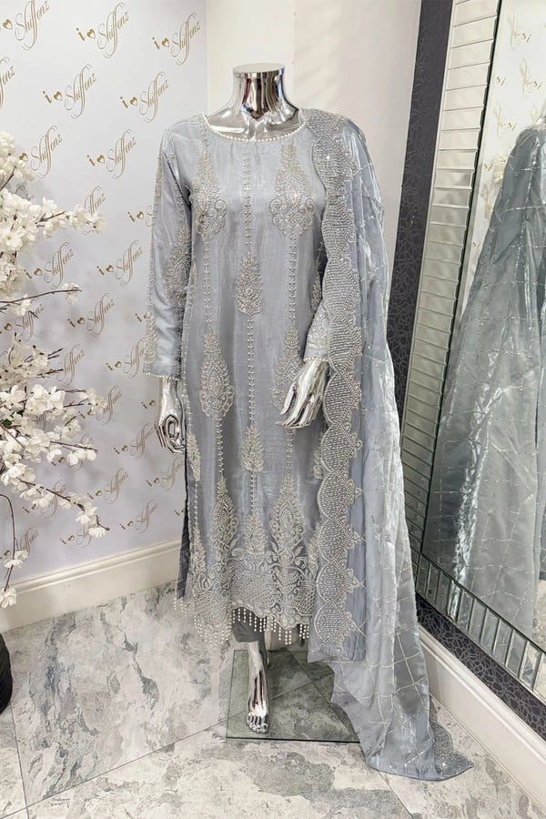 Maya luxe collection embroidered 3 piece suit - Grey, Large