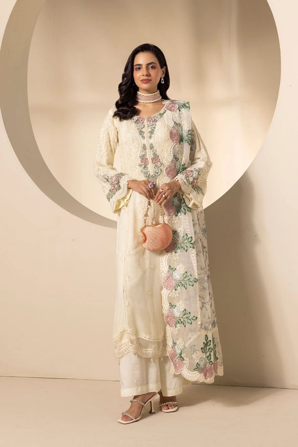 Salina luxe collection 3 piece chiffon embroidered suit - Cream, Large