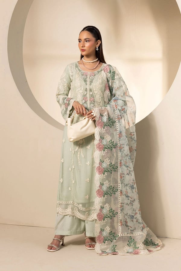 Salina luxe collection 3 piece chiffon embroidered suit - Mint, Large