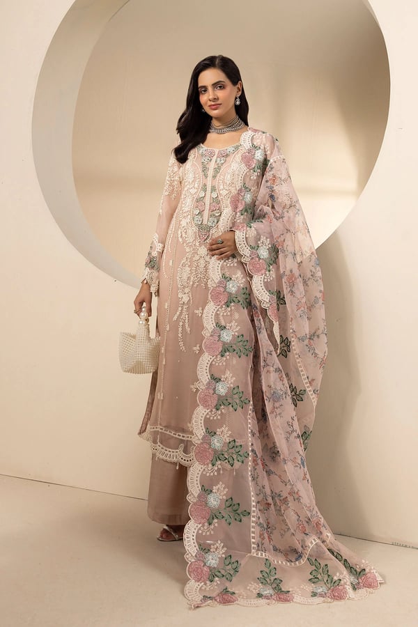 Salina luxe collection 3 piece chiffon embroidered suit - Pink, Large