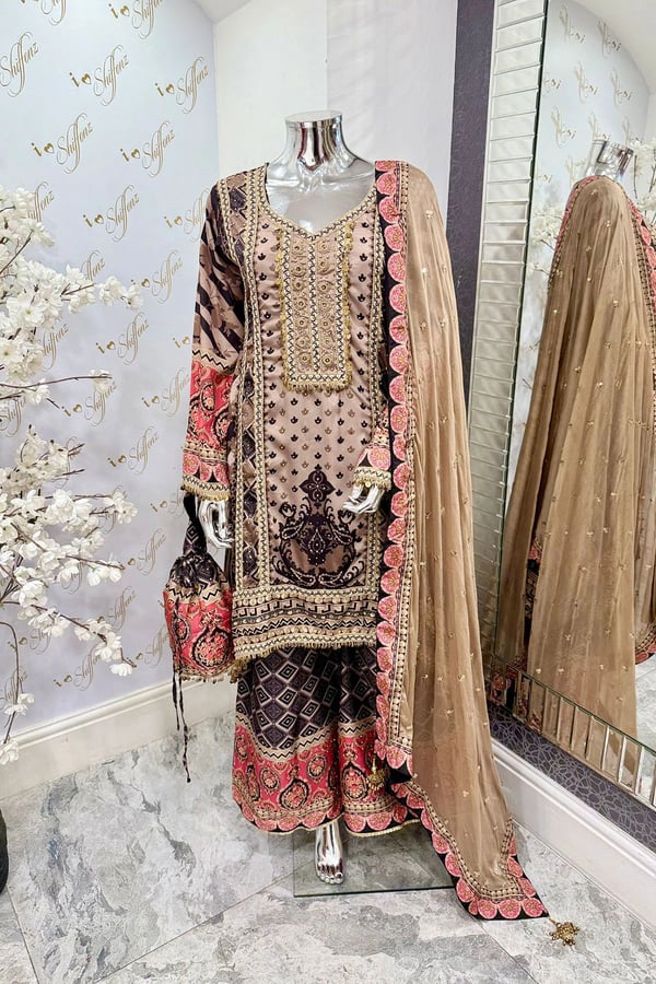 Riwaayat premium collection printed suit - Brown, 36