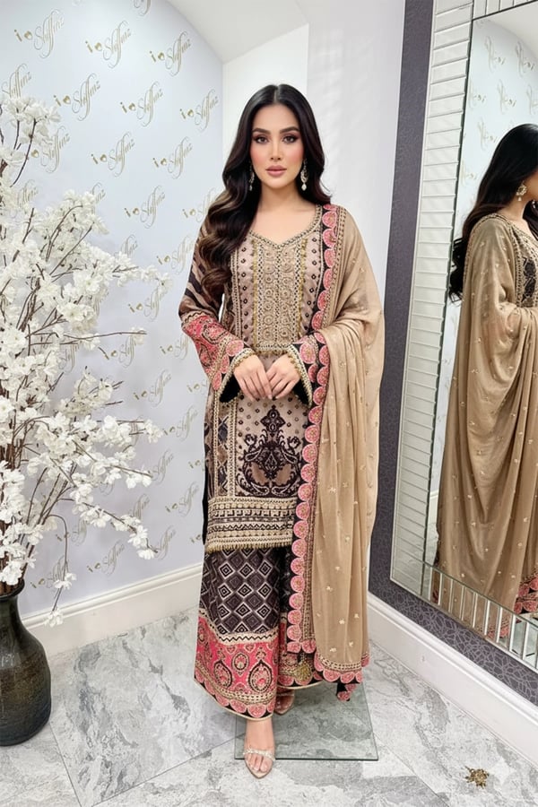 Riwaayat premium collection printed suit - Brown, 34
